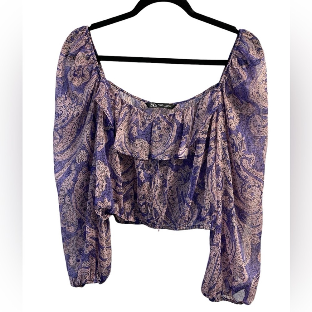 Zara Purple Paisley Print Long Ballon Sleeves Elastic Shoulders Cropped Blouse L